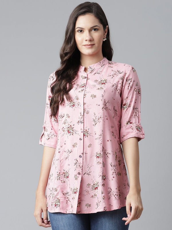 Women's Pink Leaf Rayon Print Top - Noz2Toz