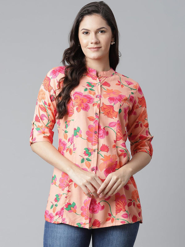 Jashvi Rayon Peach Floral Print Shirt Style A-Line Top