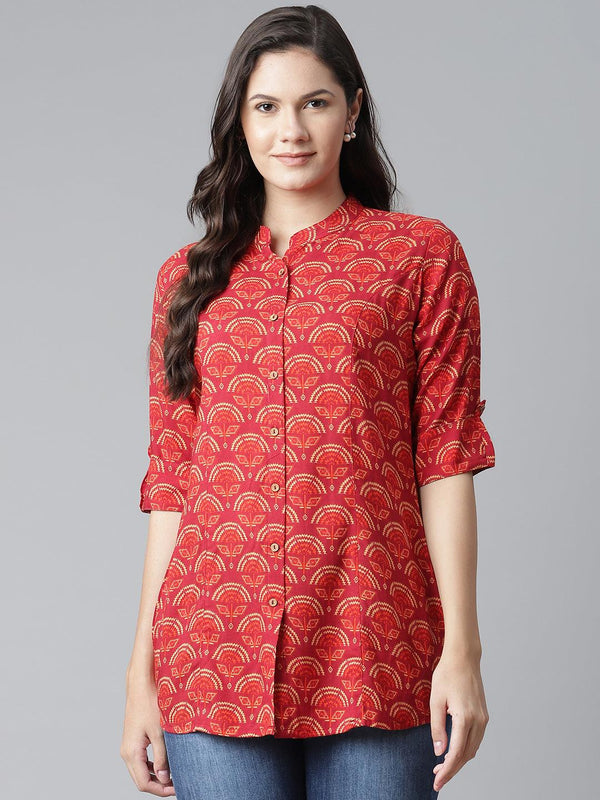 Jashvi Rayon Maroon Printed Shirt style A-line Top