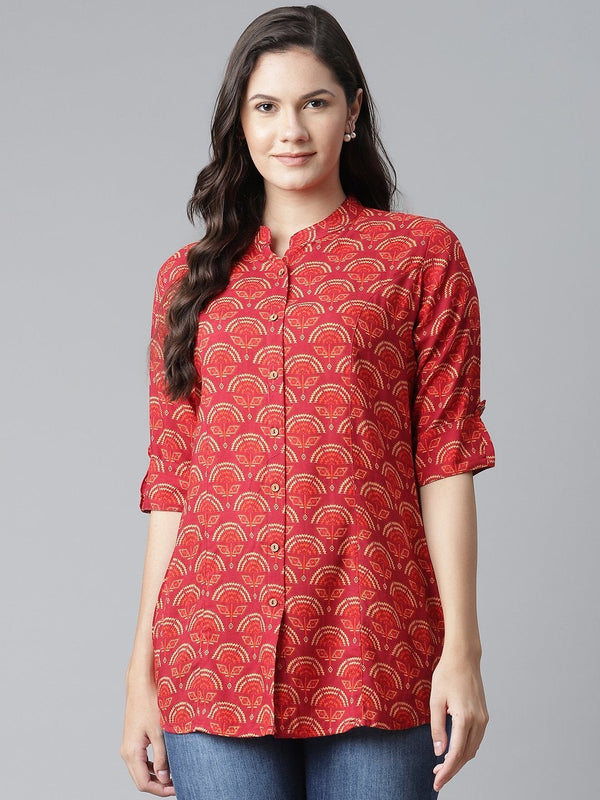 Women's Rayon Maroon Printed Top  - Wahenoor