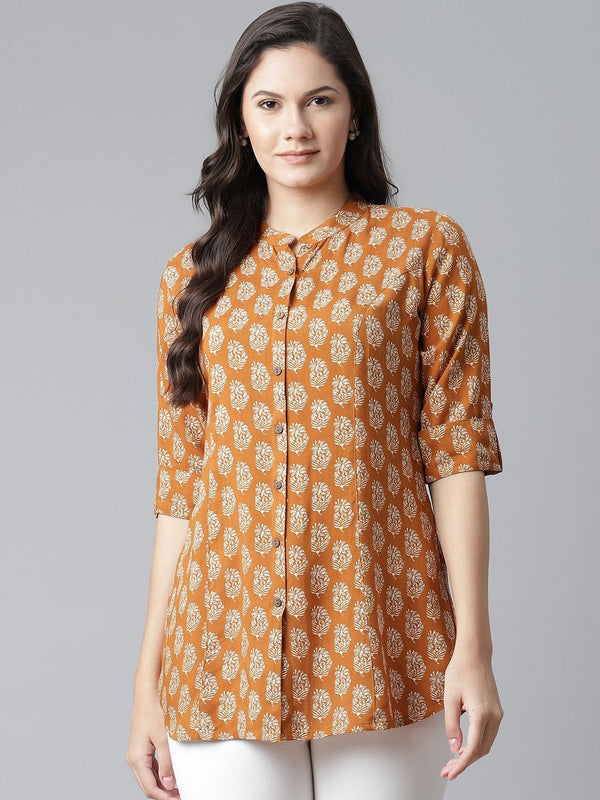 Women's Mustard Rayon Printed Top - Divena