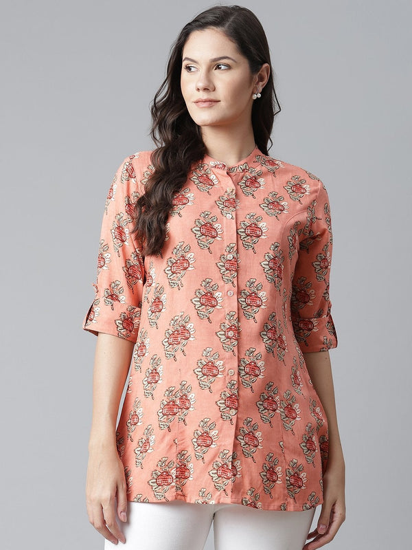 Women's Peach Printed Rayon Top - Divena