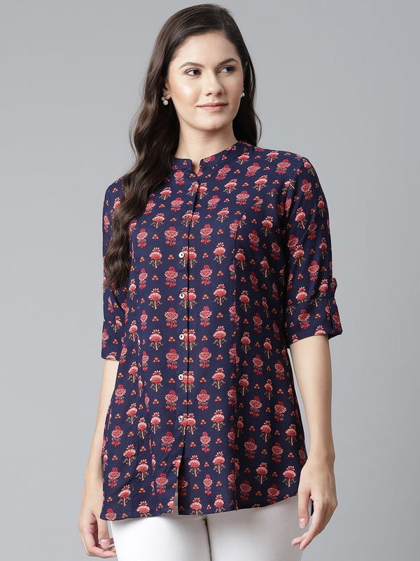 Women's Dark Blue Rayon Printed Top - Divena