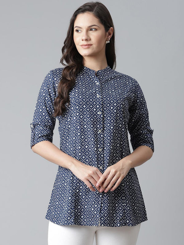 Jashvi Blue Rayon Printed Shirt Style Top