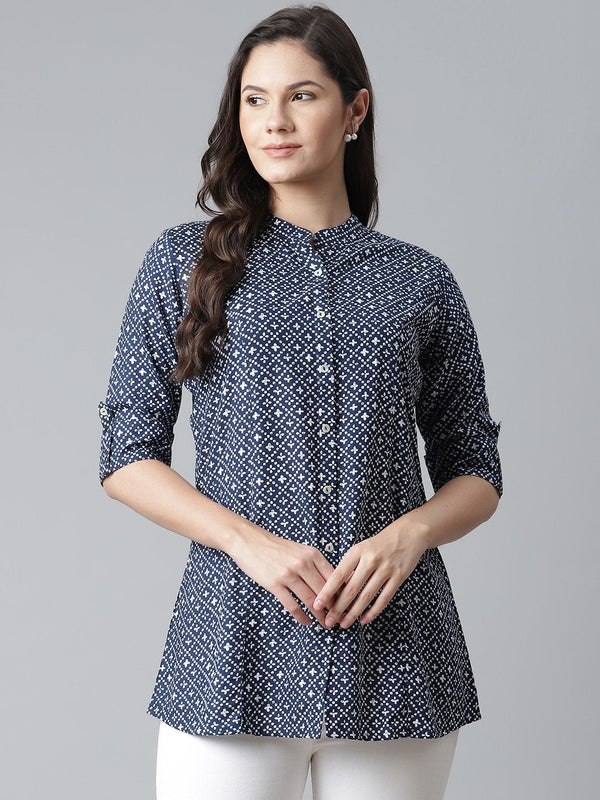 Women's Blue Rayon Printed Top  - Wahenoor