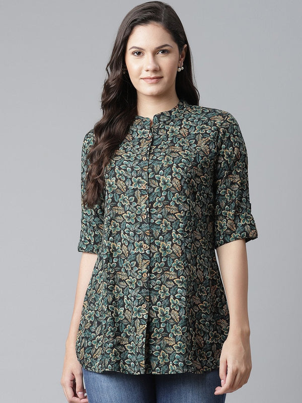 Women's Navy Blue Green Rayon Printed Top - Divena