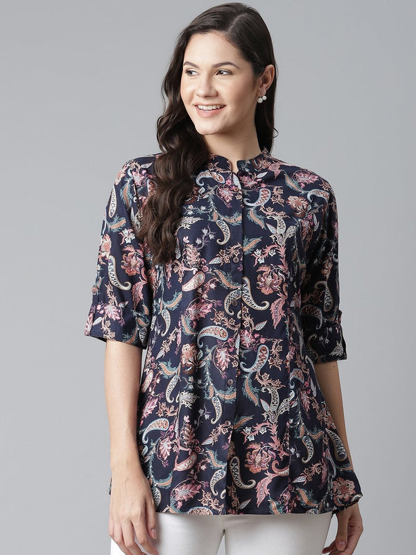 Women's Blue Printed Rayon Top - Divena