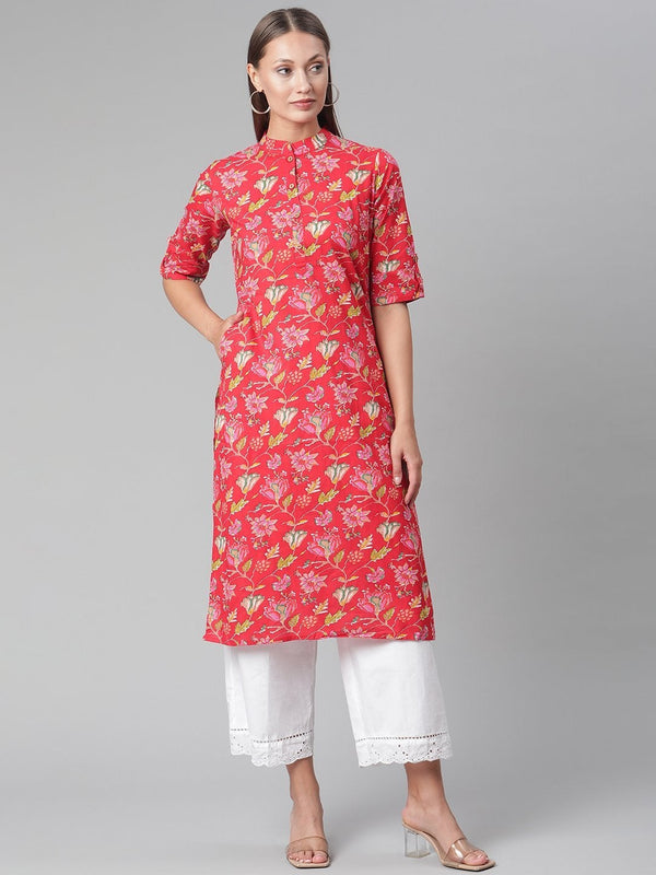 Women's Red Floral Print Cotton Straight Kurta - Noz2Toz