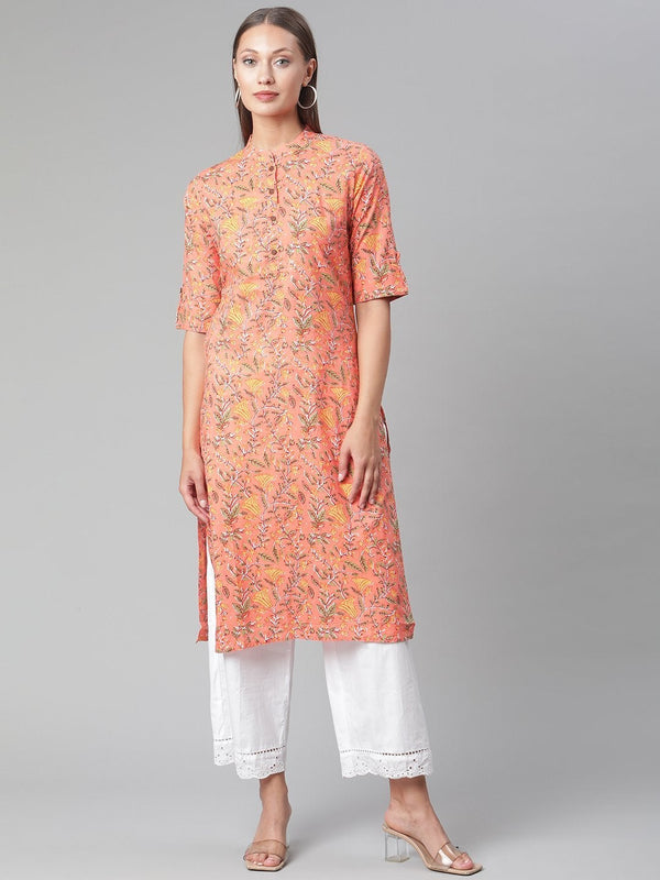 Women's Peach Floral Print Cotton Straight  Kurta - Divena