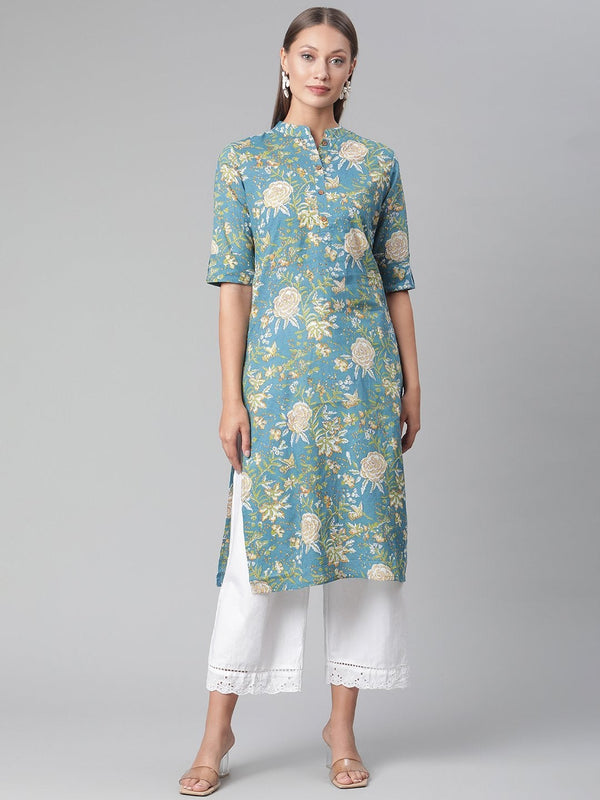 Women's Teal  Floral Print Cotton Straight Kurta  - Wahenoor