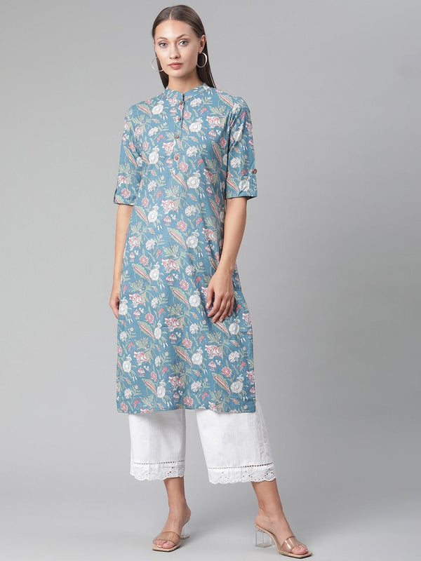 Women's Blue Floral Print Cotton Straight Kurta - Divena