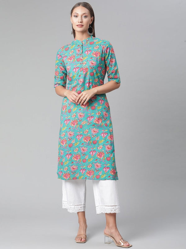 Women's Green  Floral Print Cotton Straight Kurta - Divena