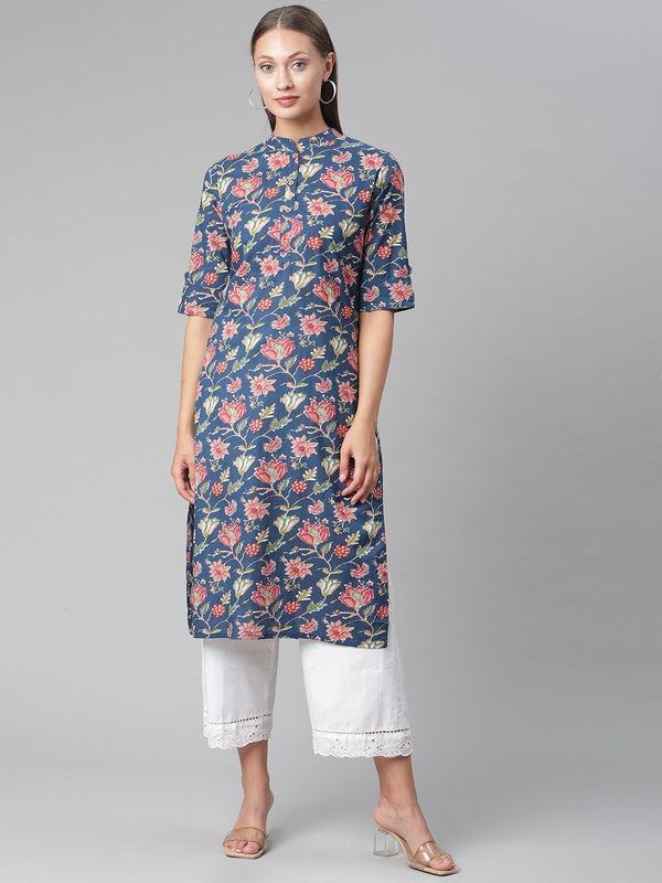 Women's Blue Floral Print Cotton Straight Kurta - Divena