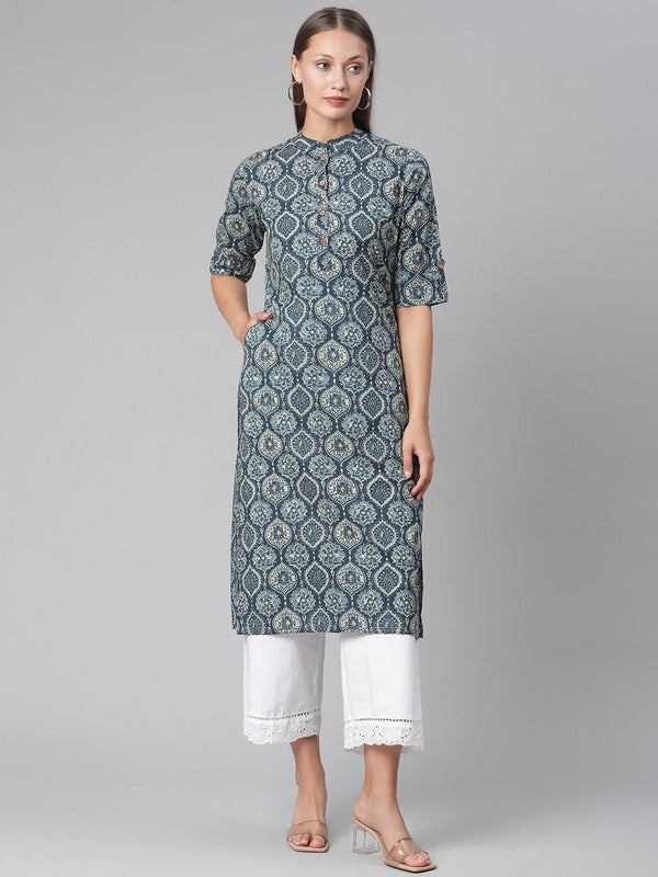 Women's Indigo Cotton Straight Kurta - Divena