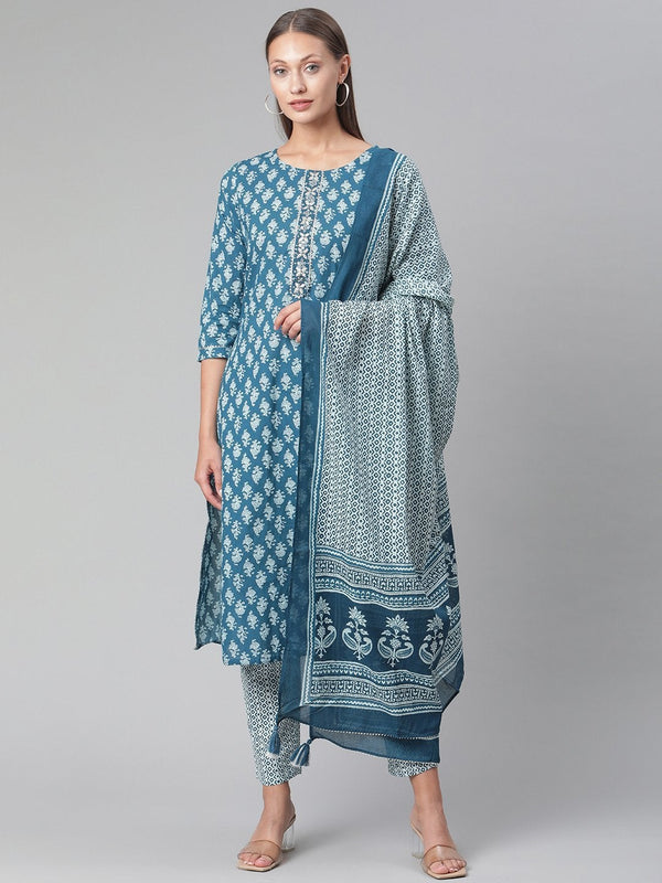 Women's Blue Cotton Kurta Pant With Dupatta Set - Noz2Toz