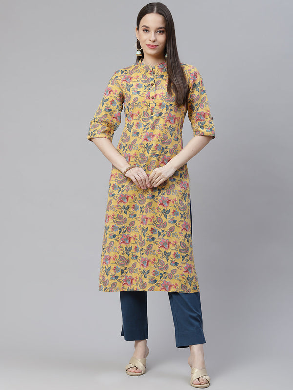 Women's Yellow Printed Cotton Straight Kurta - Noz2Toz