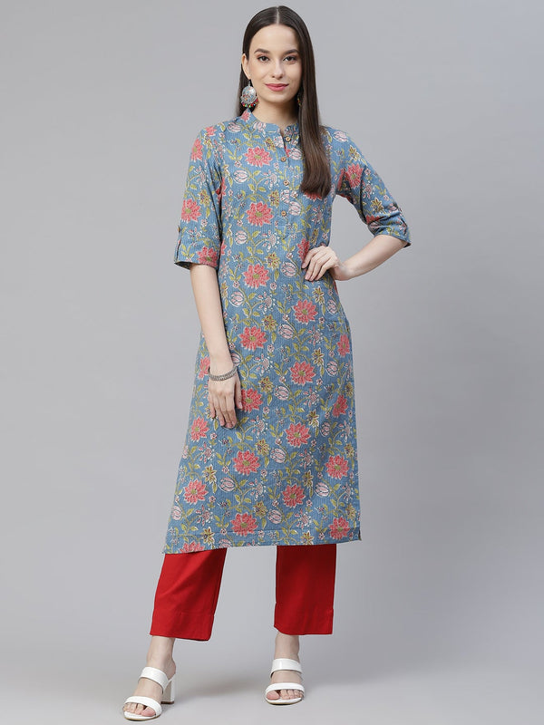 Women's Blue Printed Cotton Straight Kurta - Wahenoor