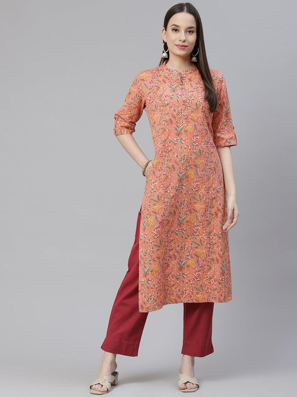 Jashvi Pink Printed Cotton Straight Kurta