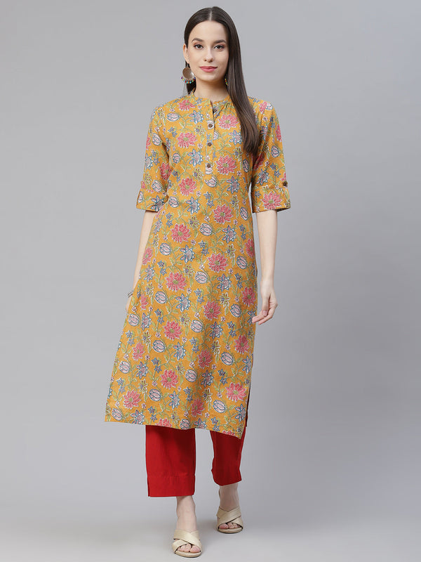 Women's Mustard Printed Cotton Straight Kurta - Noz2Toz