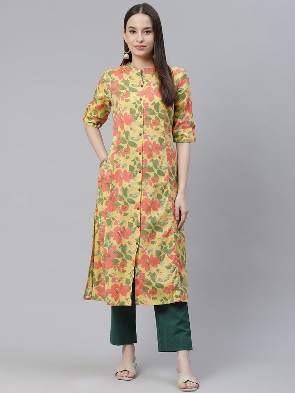 Women's Floral Print Yellow Cotton Flex Kurta - Noz2Toz