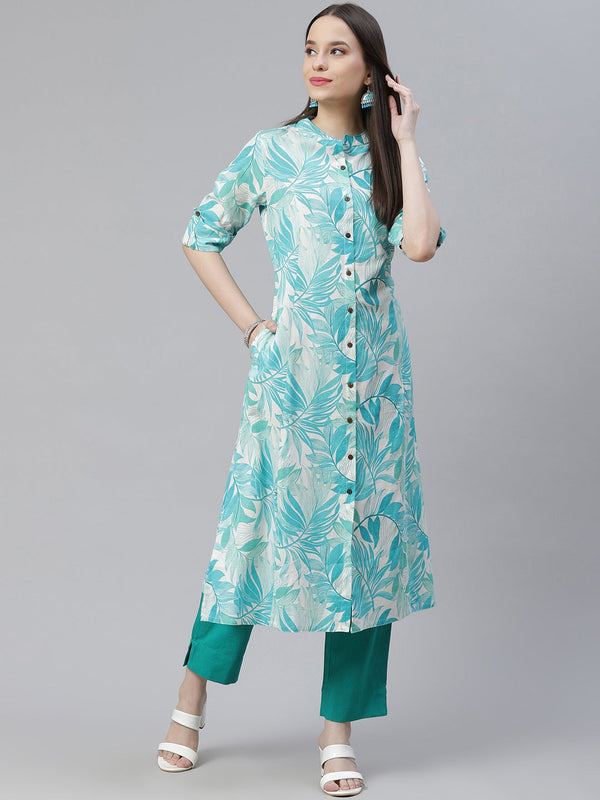 Women's Blue Cotton Kurta Pant With Dupatta Set  - Wahenoor