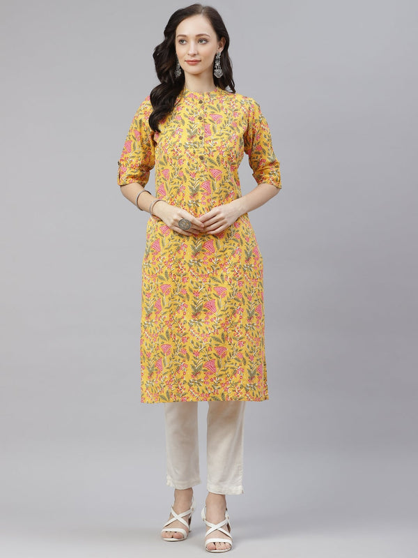 Women's Yellow Floral Print Cotton Straight Kurta - Noz2Toz