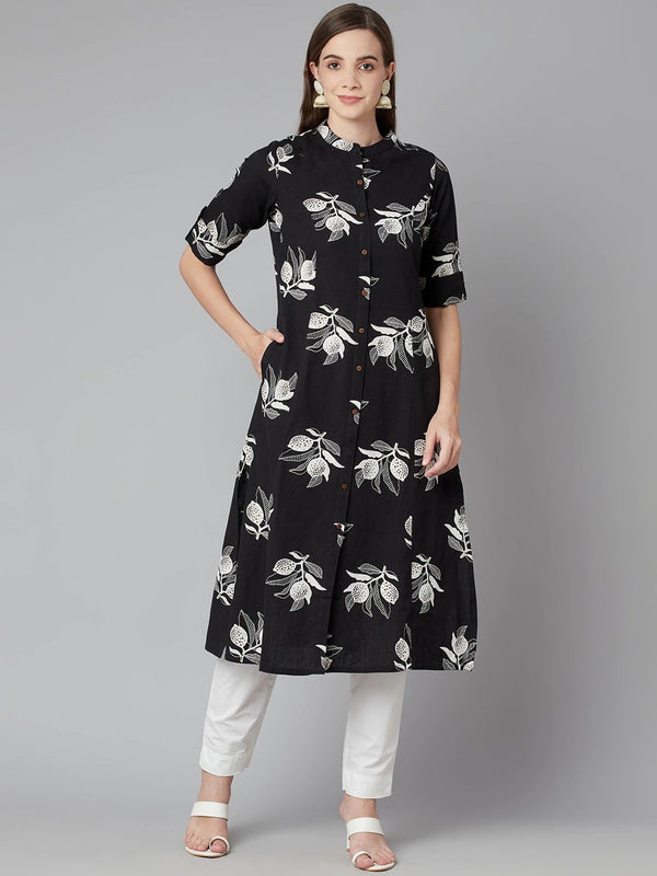 Women's Black Cotton Flex A-Line Kurta - Wahenoor