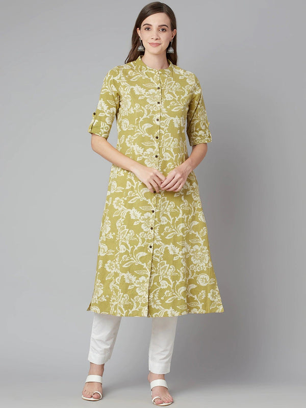 Women's Pastel Green Cotton Flex A-Line Kurta - Wahenoor