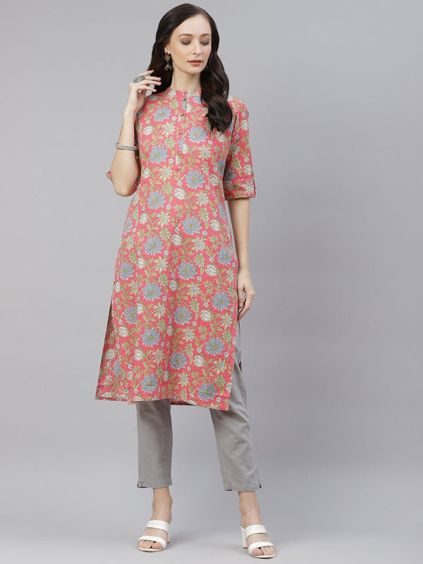 Women's Pink Floral Print Cotton Straight Kurta - Wahenoor