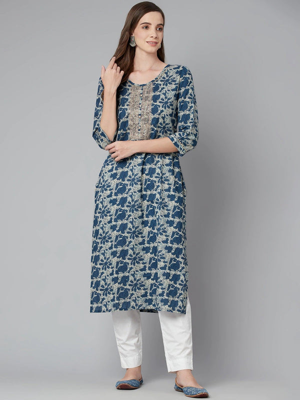 Women's Blue Floral Cotton Straight Kurta - Noz2Toz