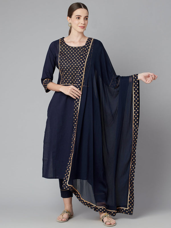 Women's Blue Solid Straight Rayon Kurta Pant Set With Dupatta - Wahenoor