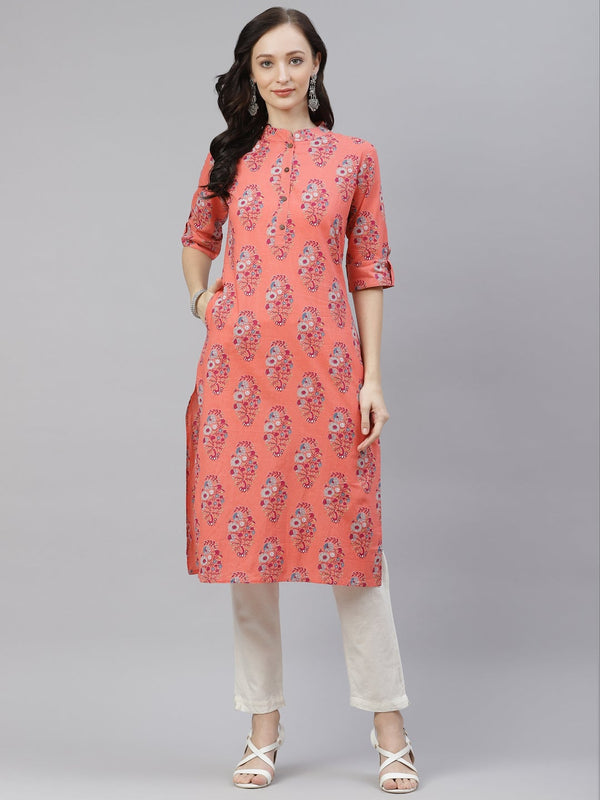 Women's Pink Floral Rayon Straight Kurta - Wahenoor