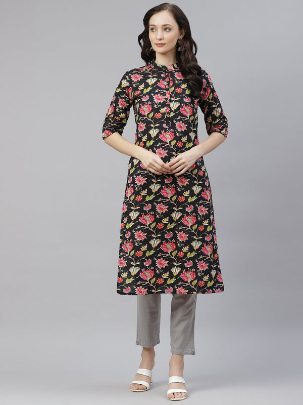 Women's Black Floral Cotton Straight Kurti - Noz2Toz