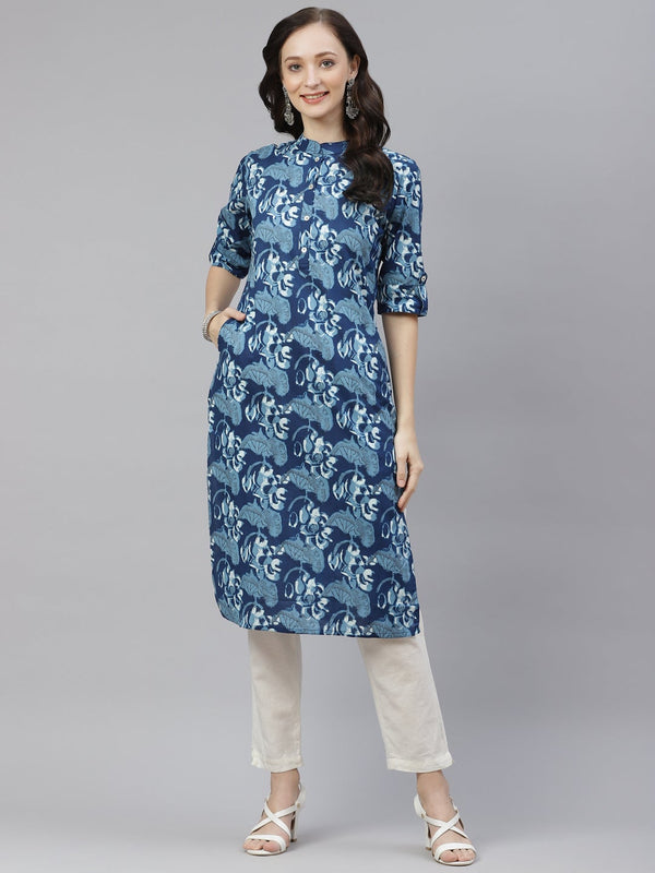 Women's Indigo Floral Cotton Straight Kurti - Wahenoor