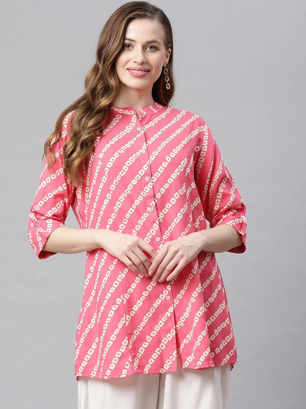 Women's Pink Bandhani Rayon A-Line Shirt Style Top - Wahenoor