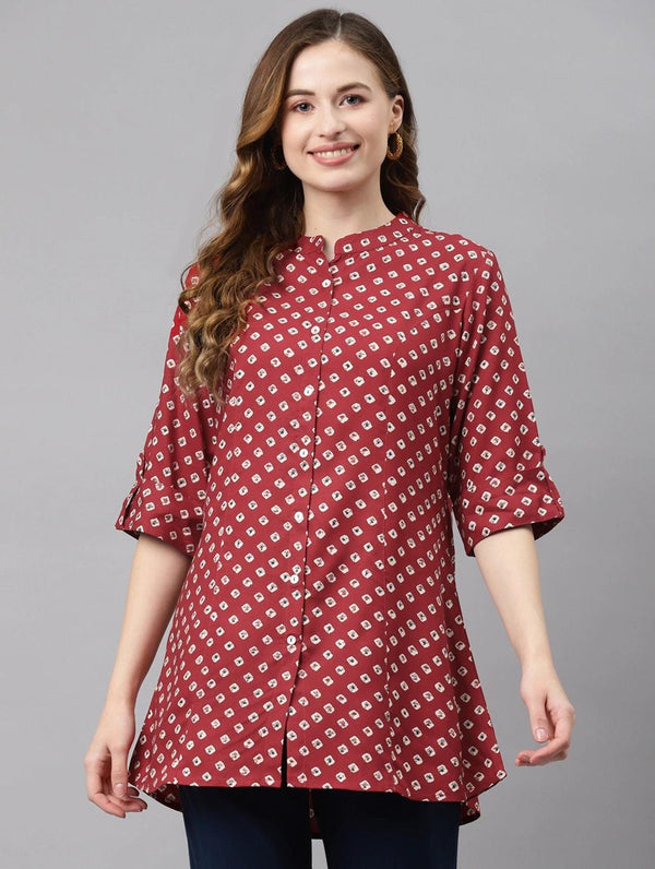 Jashvi Maroon Bandhani Print Shirt Style A-line Top