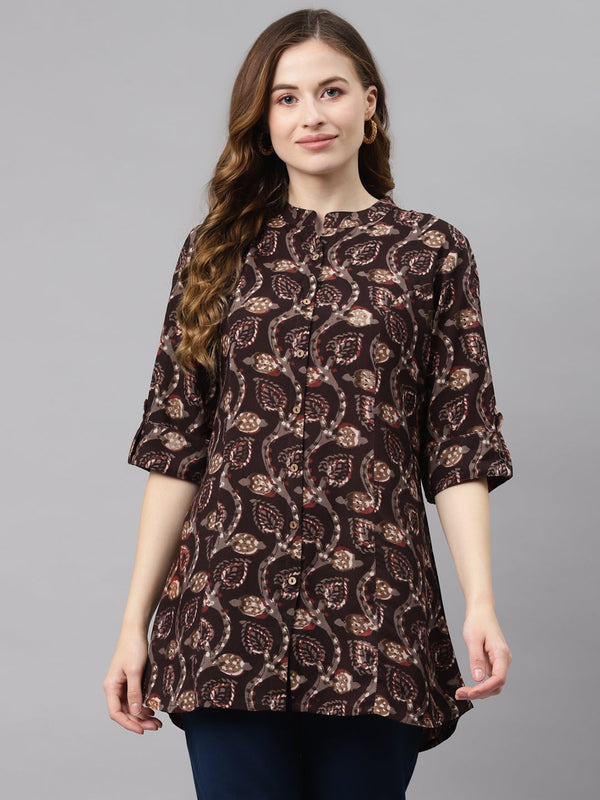 Women's Brown Floral Rayon Top - Wahenoor