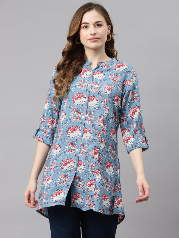 Women's Sky Blue Floral Rayon Top - Wahenoor