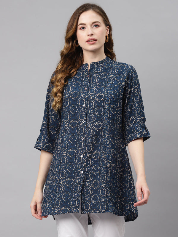 Women's Navy Blue Rayon Top - Wahenoor