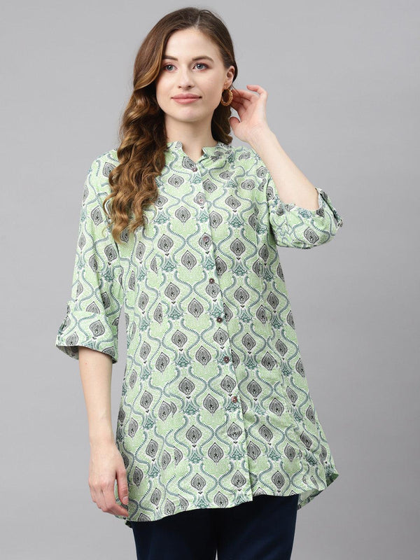 Jashvi Light Green Floral Rayon Shirt Style A-line Top