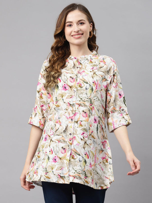 Jashvi Multi Floral Rayon Shirt Style A-Line Top