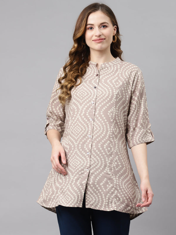 Women's Grey Bandhani Print Rayon Top - Wahenoor