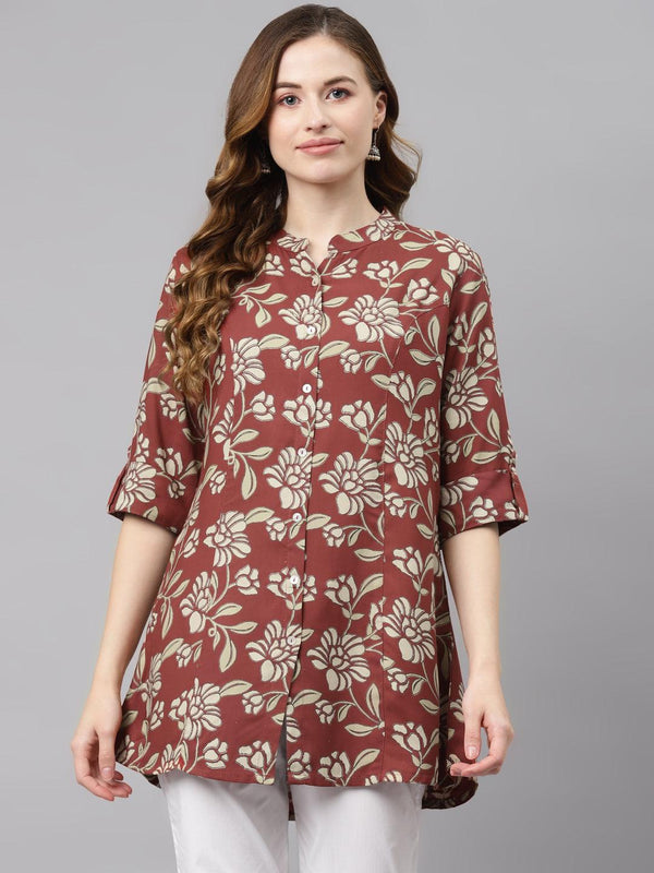 Jashvi Maroon Floral Rayon Shirt style A-line Top