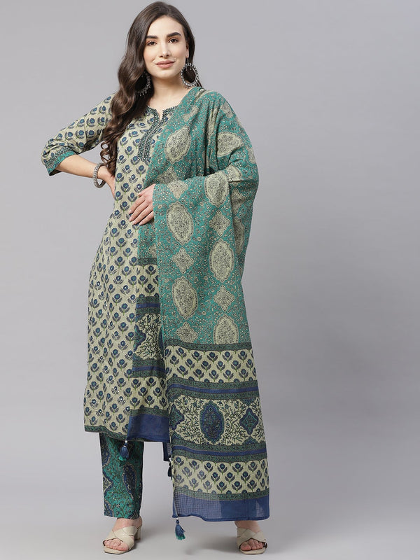 Women's Green Cotton Straight Kurta Pant Set With Dupatta - Noz2Toz