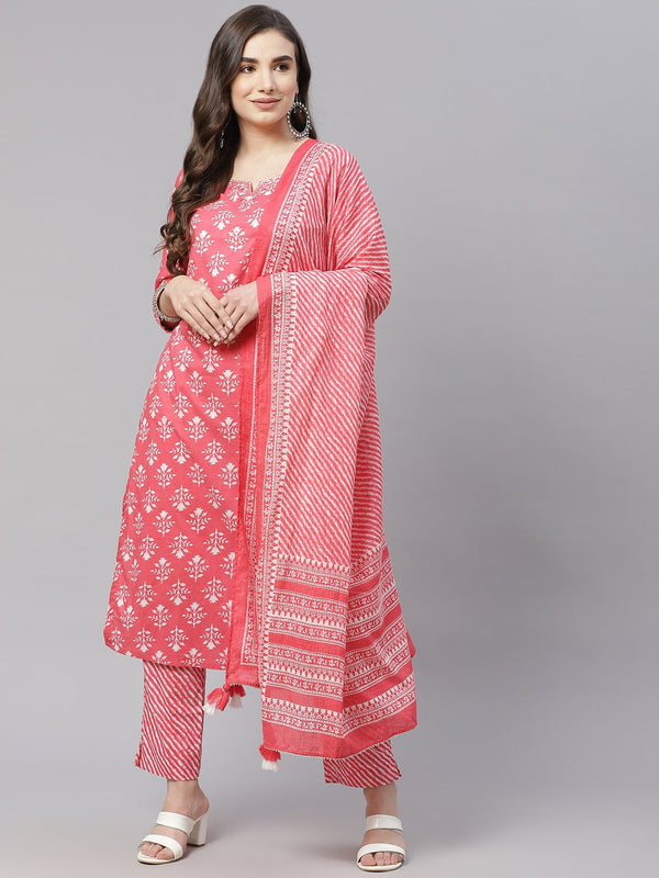 Women's Pink Cotton Straight Kurta Pant Set With Dupatta - Noz2Toz