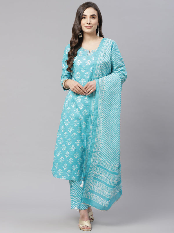 Women's Sky Blue Cotton Straight Kurta Pant Set With Dupatta - Wahenoor