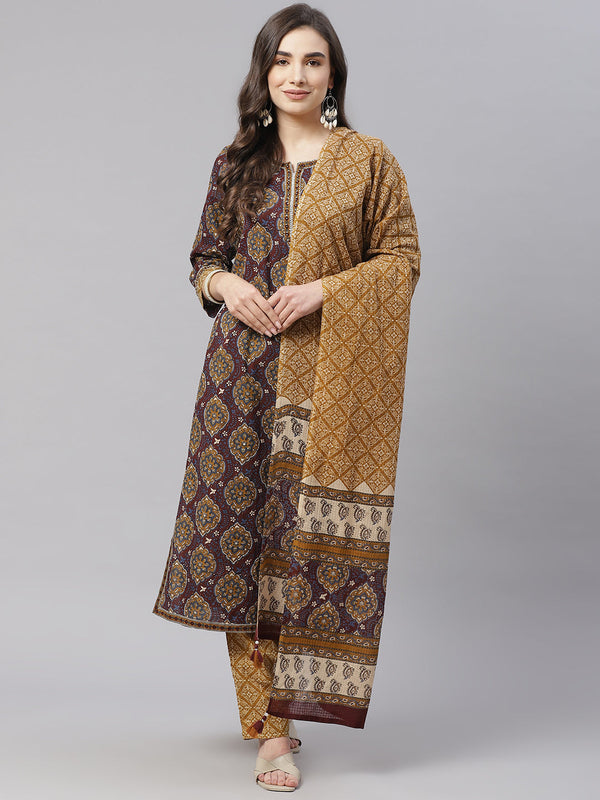 Women's Brown Cotton Straight Kurta Pant Set With Dupatta - Noz2Toz