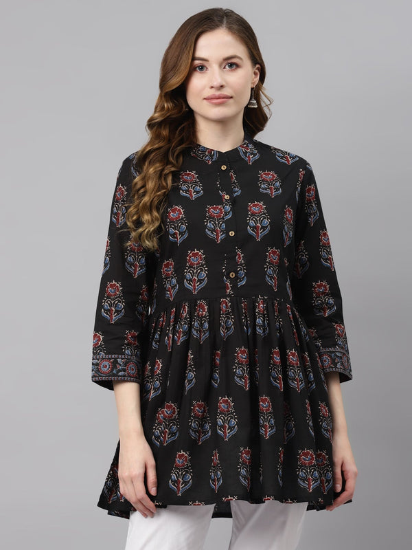 Women's Black Floral Cotton Peplum Top - Wahenoor