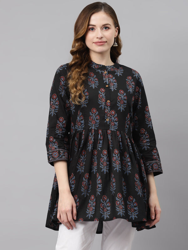 Women's Black Floral Cotton Peplum Top - Wahenoor