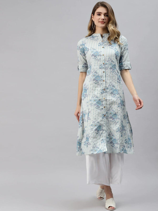 Women's Off White And Blue Floral Printed Cotton A-Line Kurta - Taantav